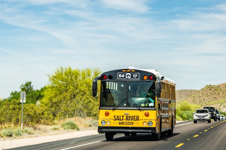 a bus that is driving down the road